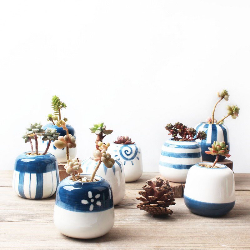 8Pcs/Set Classic Blue and White Ceramic Flower Pots for Succulent Plant Oriental Style Planter Home Garden Office Decoration Y200723