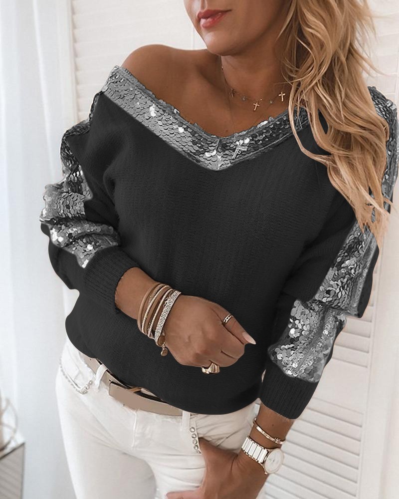 Sequins Fluffy Long Sleeve Sweater Women V Neck Casual Autumn Pullover Tops 201030