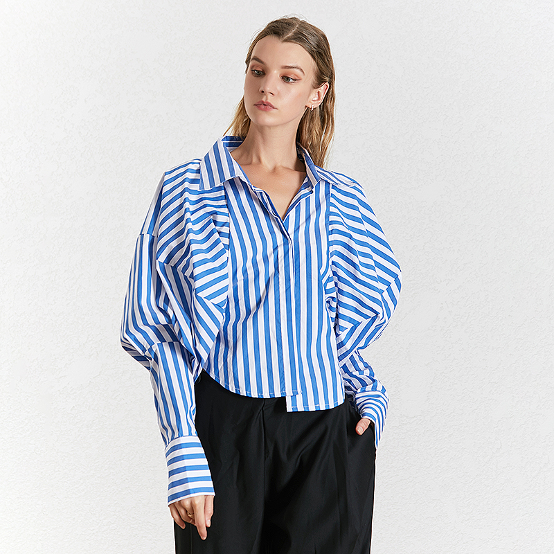 TWOTWINSTYLE Korean Striped Women's Shirt Lapel Collar Puff Sleeve Loose Asymmetrical Casual Blouses Female Fashion 201028