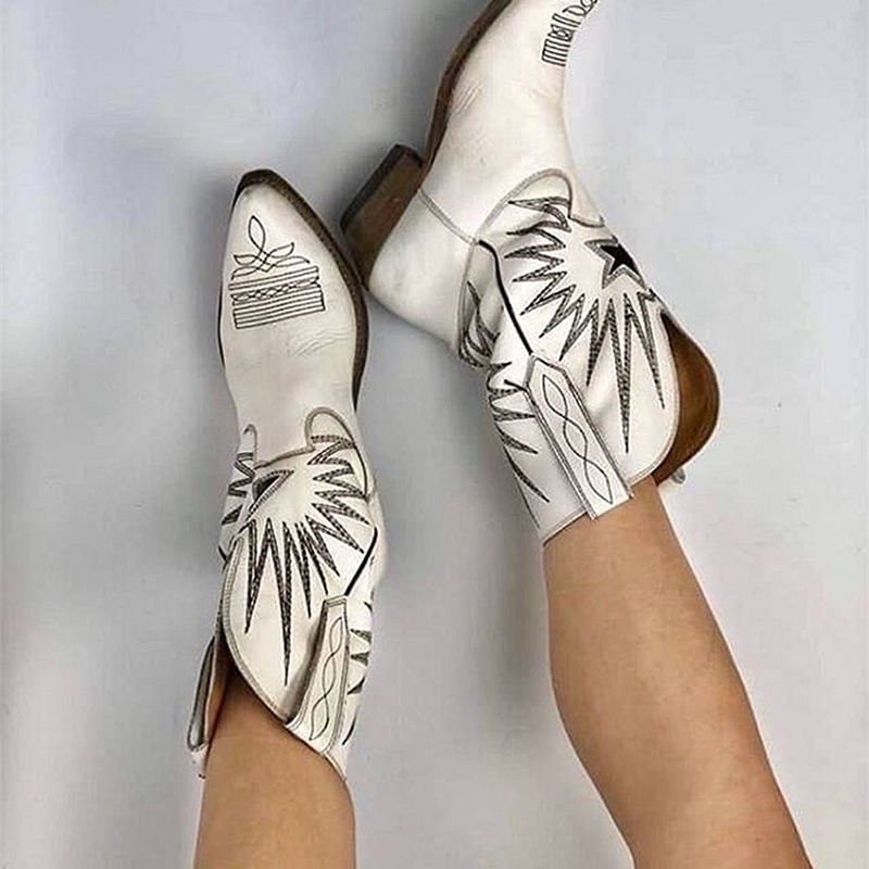 Vinapobo New Embroidered Western Cowboy Boots for Women Square Med Heels Pointy Toe High Quality Knee High Boot Women Shoe 201103