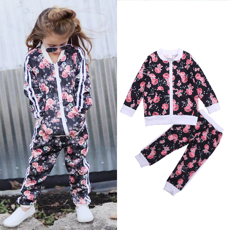 Print Floral Toddler Girls Winter Clothes Set 2020 Baby Girl Boutique Kids Clothing Sport Suit Hip Hop Girl Tracksuits Zip UpX1019