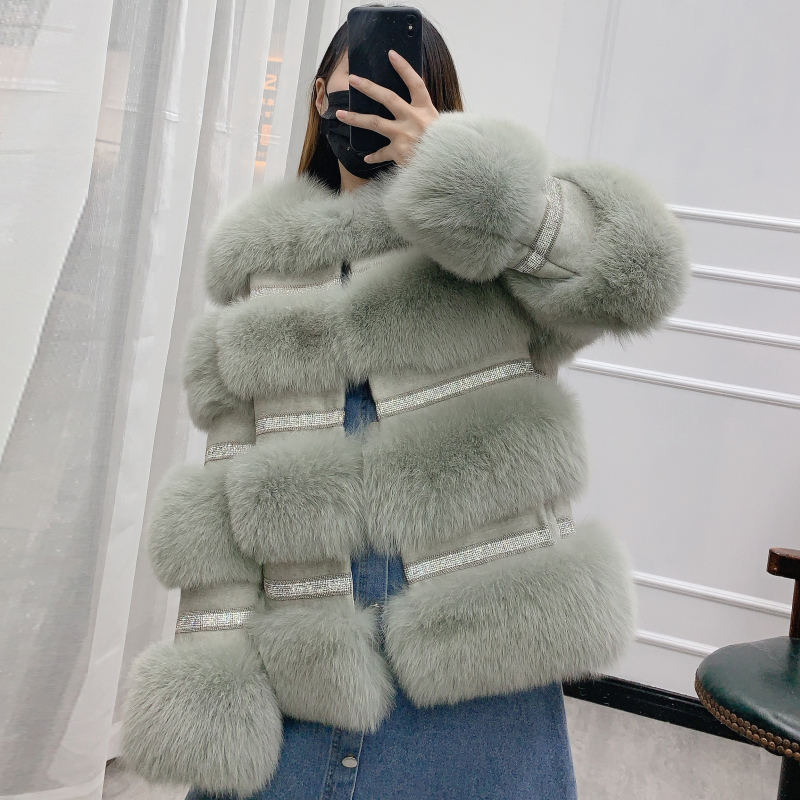BFFUR Winter New Real Fur Coat Women Genuine Fur Jacket Splicing Cashmere Woolen Fur Coats With Crystal Diamonds 201016