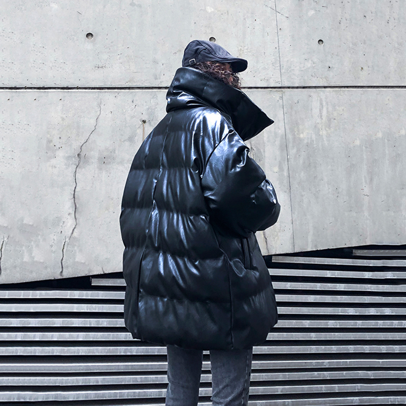 EAM Black Pu Leather Big Size Cottonpadded Coat Long Sleeve Loose Fit Women Parkas Fashion Autumn Winter 19Aa6 201017