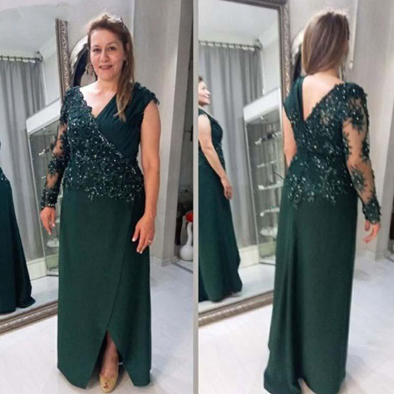 Setwell Deep V-neck Sheath Mother Of The Bride Dresses Long Sleeves Split Beaded Lace Appliques Floor Length Prom Party Gowns