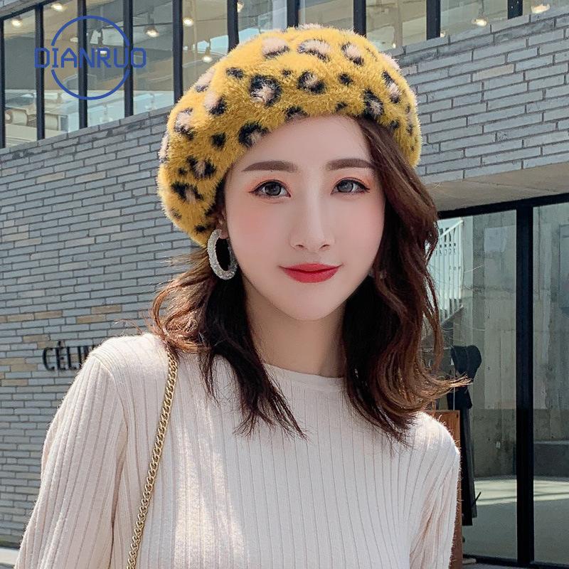 DIANRUO British Retro Leopard Beret Women's Autumn Winter Imitation Mink Velvet Art Hat Japanese Painter Hat Wholesale Q543, Black