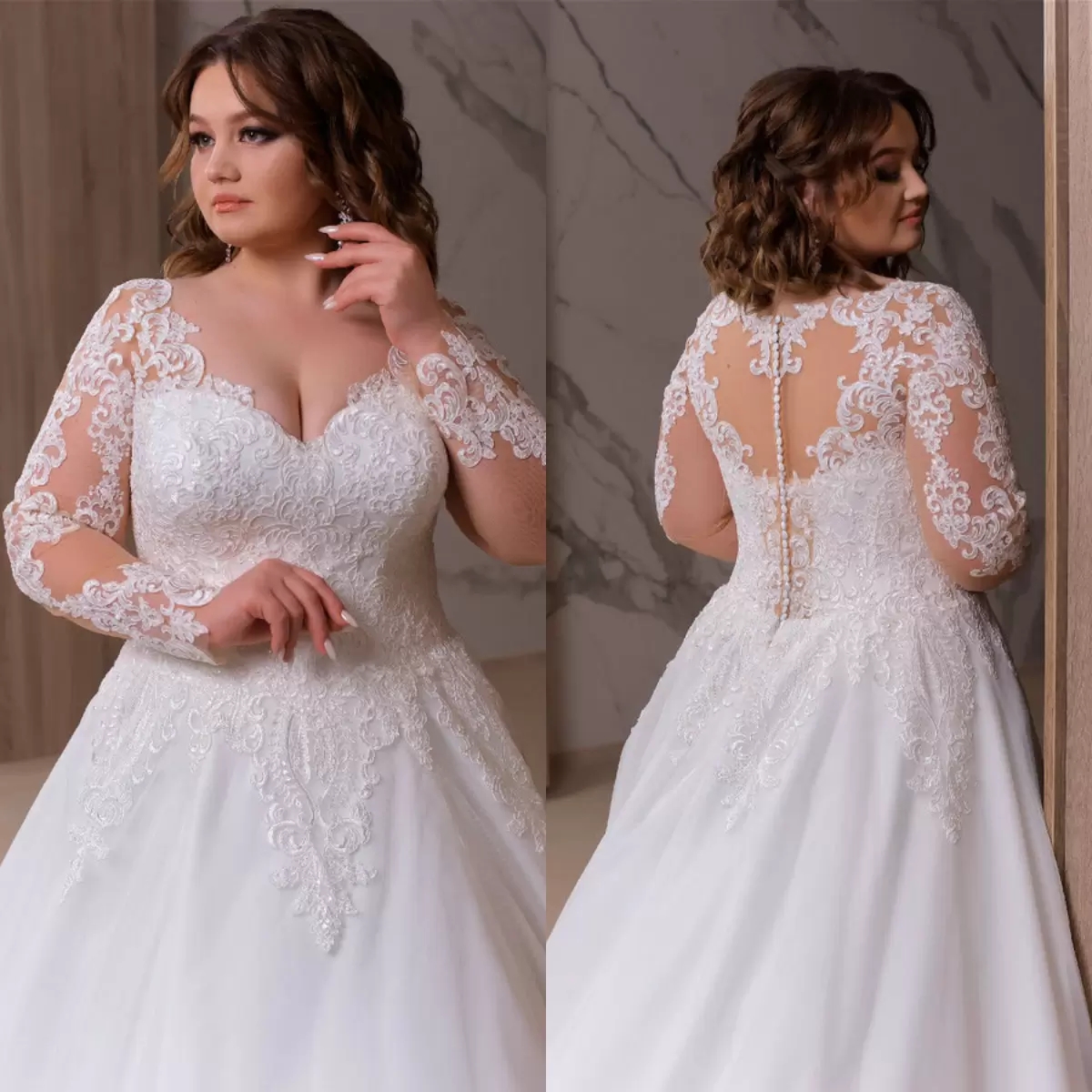 2022 Plus Size Bohemian Wedding Gown V Neck Appliqued Long Sleeves Lace Bridal Dresses Ruffle Sweep Train Custom Made Abiti Da Sposa