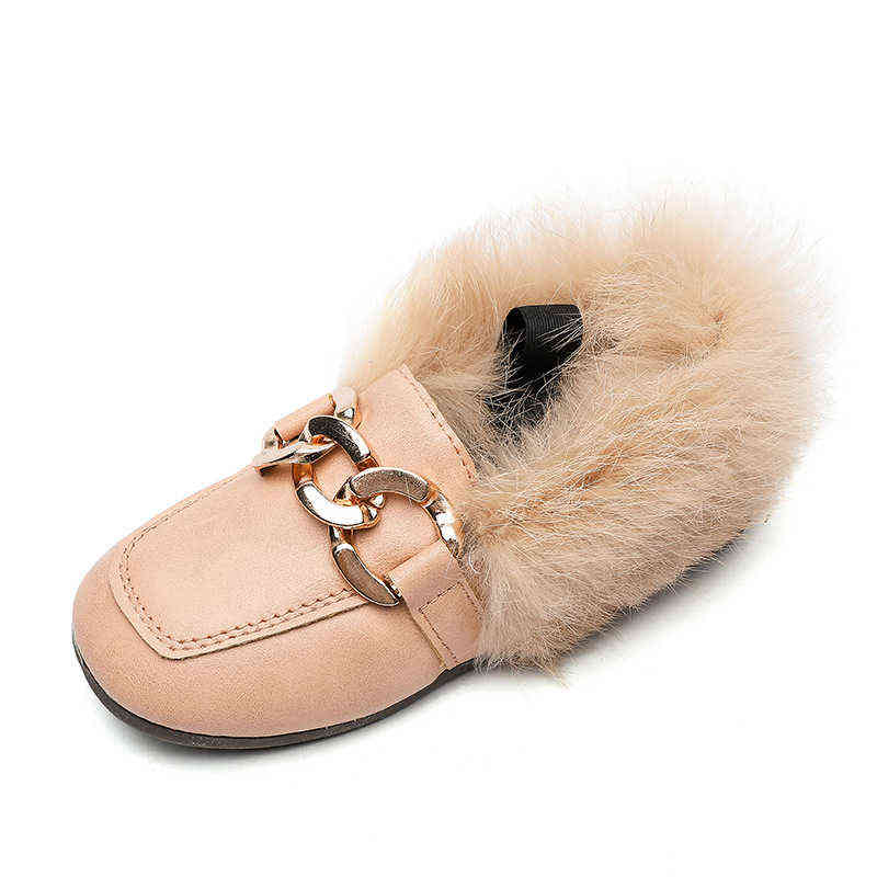 JGVIKOTO Autumn Winter Girls Shoes Warm Cotton Plush Fluffy Fur Kids Loafers With Metal Chain Boys Flats Children 220121