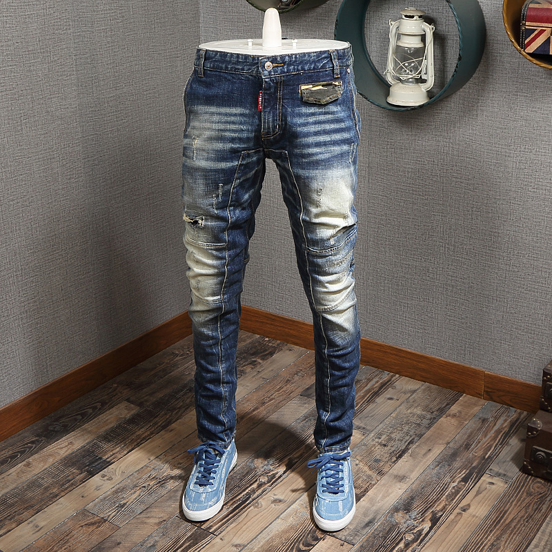 2021 New Italian Style Fashion High Quality Retro Slim Fit Ripped Men Spliced Designer Pants Streetwear Hip Hop Jeans Th65, Retro blue
2021 New Italian Style Fashion High Quality Retro Slim Fit Ripped Men Spliced Designer Pants Streetwear Hip Hop Jeans Th65, Retro blue