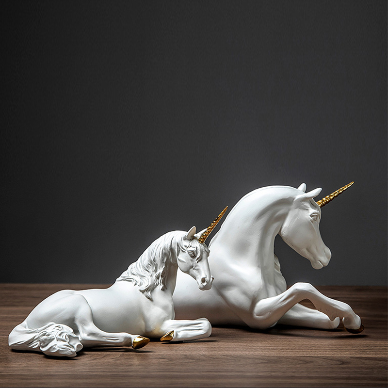 Nordic Resin White Unicorn Horse Sculpture Modern Art Figurines Home Decor Living Room Fairy Garden Decoration Children's Gift 201125