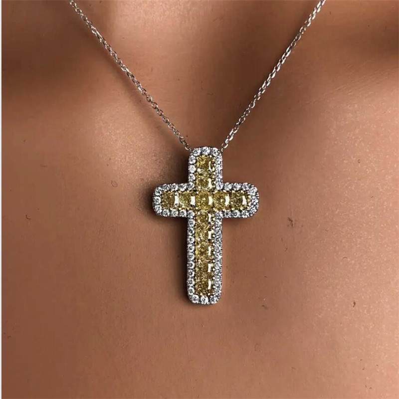 Hip Hop Vintage Sterg Sier Yellow Crystal Cross Pendant Necklace for Women 81fd