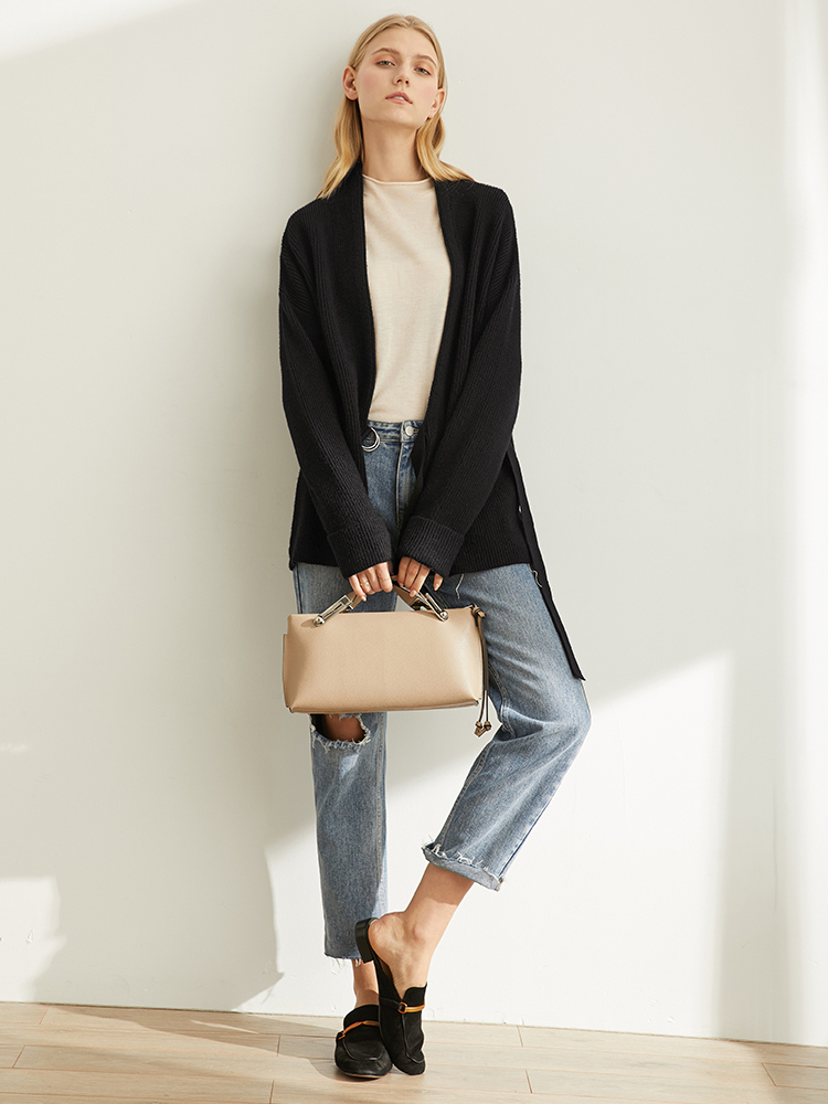 Amii women's spring pine ribbon knitting wool coat new solid full sleeves belt vneck sweater 11940411 201031