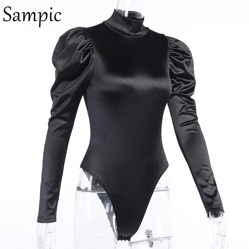 Sampic Women Sexy Casual Stain Turtleneck Long Puff Sleeve Bodysuit Tops Black Ribbed Female Fashion Party Short Romper Bodysuit T200323