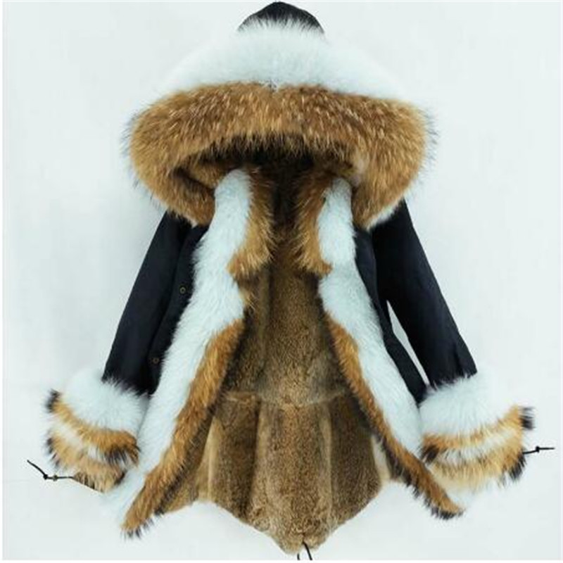 New Women Real Coat Winter Jacket Rabbit liner Thick Warm Natural Raccoon Fox fur Collar Hood Cuffs Long Parka 201112