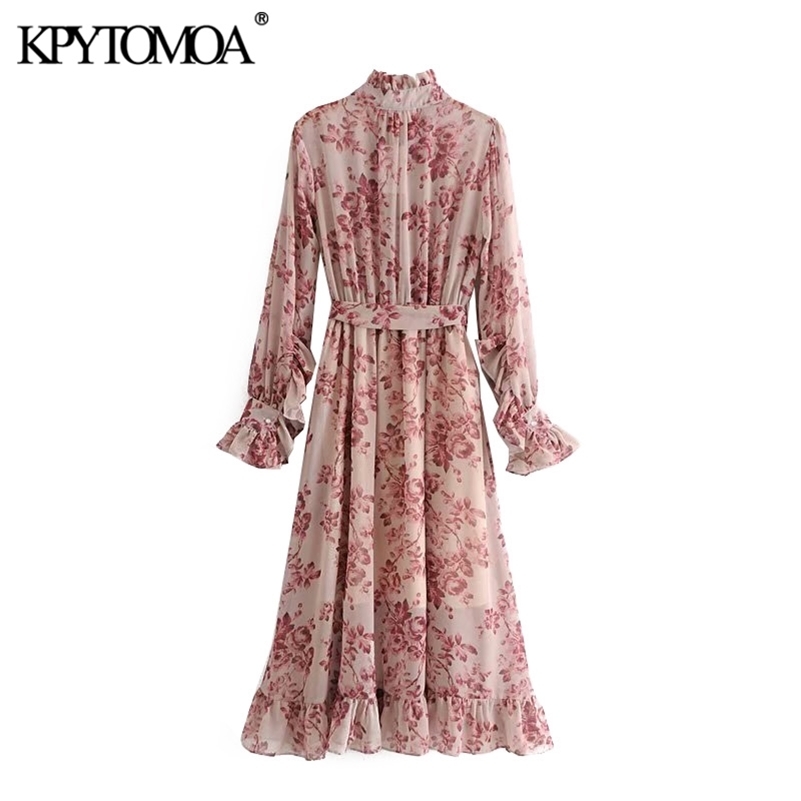Vintage Floral Print Sashes Ruffled Pleated Dress Women 2020 Fashion Bow Tie Collar Long Sleeve Dresses Casual Vestidos Mujer LJ201204