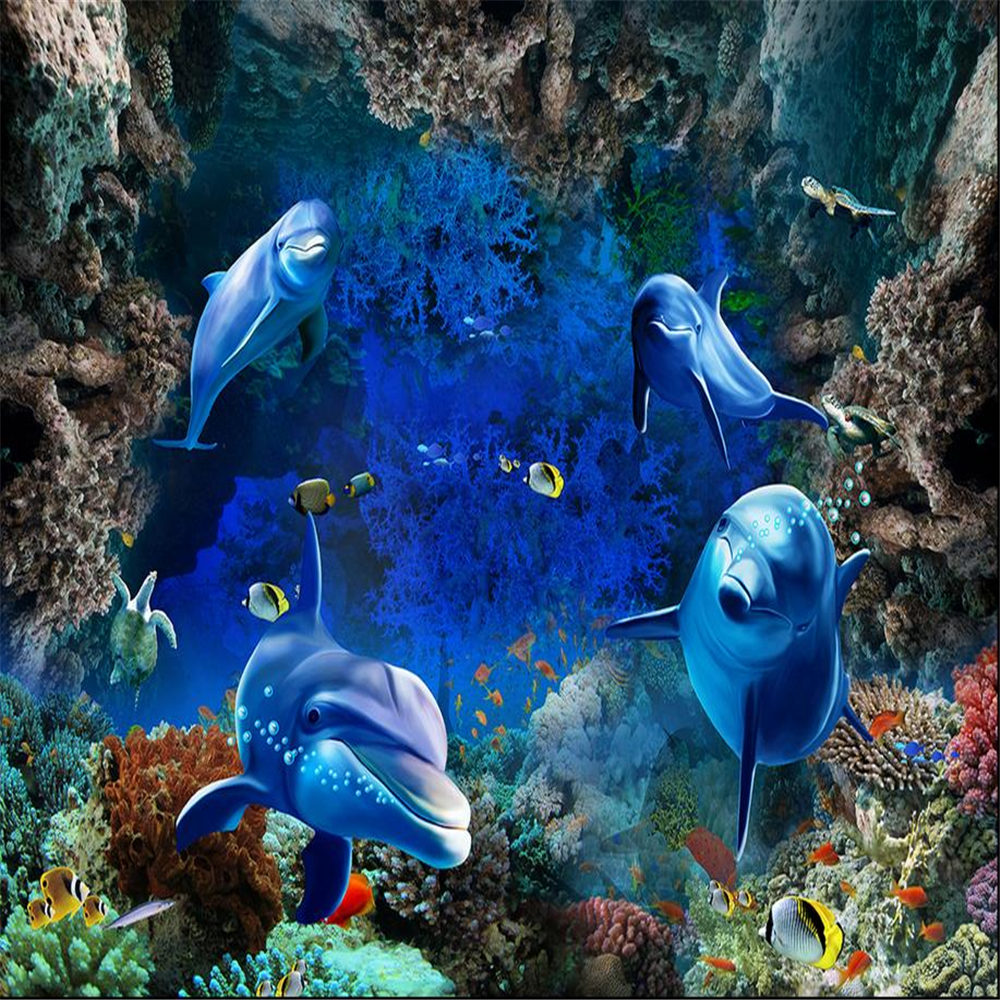 3d floor Underwater World Dolphins wallpaper pvc self adhesive wallpaper 3d floor painting for living room