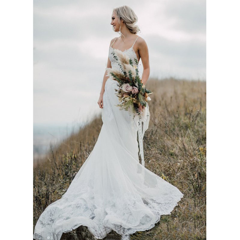 Sexy Two Piece Boho Wedding Dresses Spaghetti Straps Country Lace Tulle Bridal Gowns Romantic Puffy Bohemian Beach Wedding Dress Plus Size