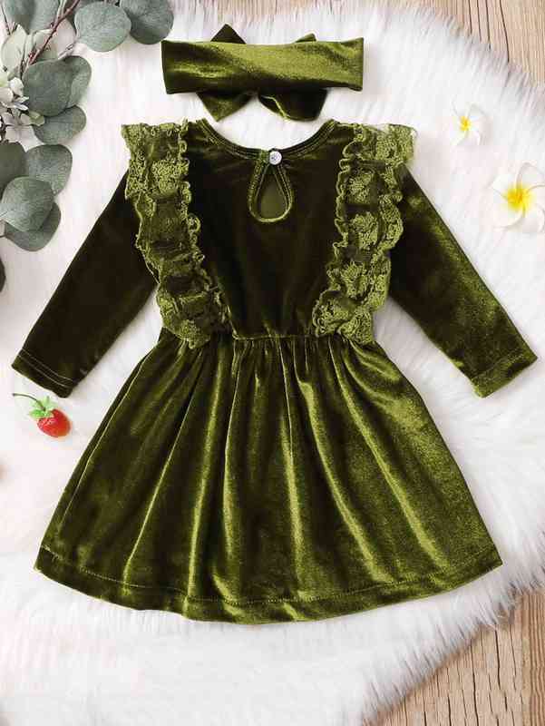 Baby Lace Ruffle Trim Bow Front Velvet Dress With Headband SHE