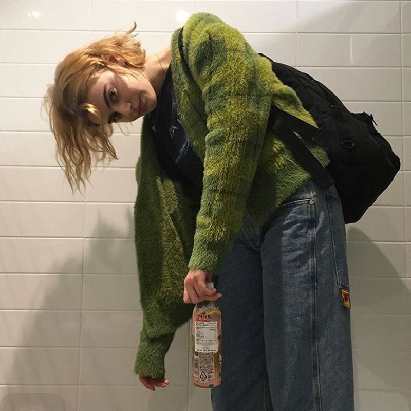 Vintage Synthetic Mink Cashmere Sweater Women Harajuku Lazy Oaf V-Neck Single-breasted Ladies Fluffy Plaid Knitted Cardigan Y200930