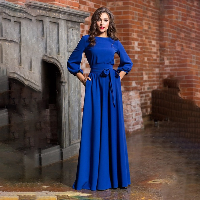 Elegant Women Dress Autumn Casual Loose Plus Size Dresses High Waist Crew Neck Solid Long Sleeve Bow Dress for Office Lady T200416