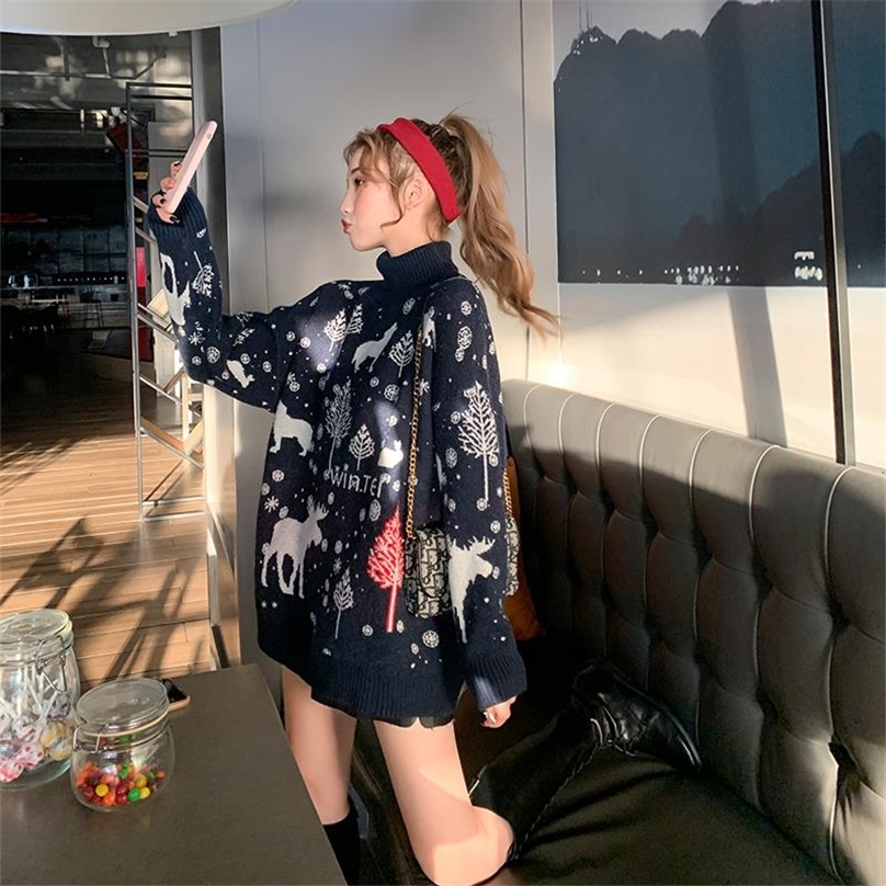 Autumn And Winter Loose Wearing Retro Hong Kong Flavor Wear Christmas Super Fairy Turtleneck Pullover Sweater Women Lazy Trend 201223