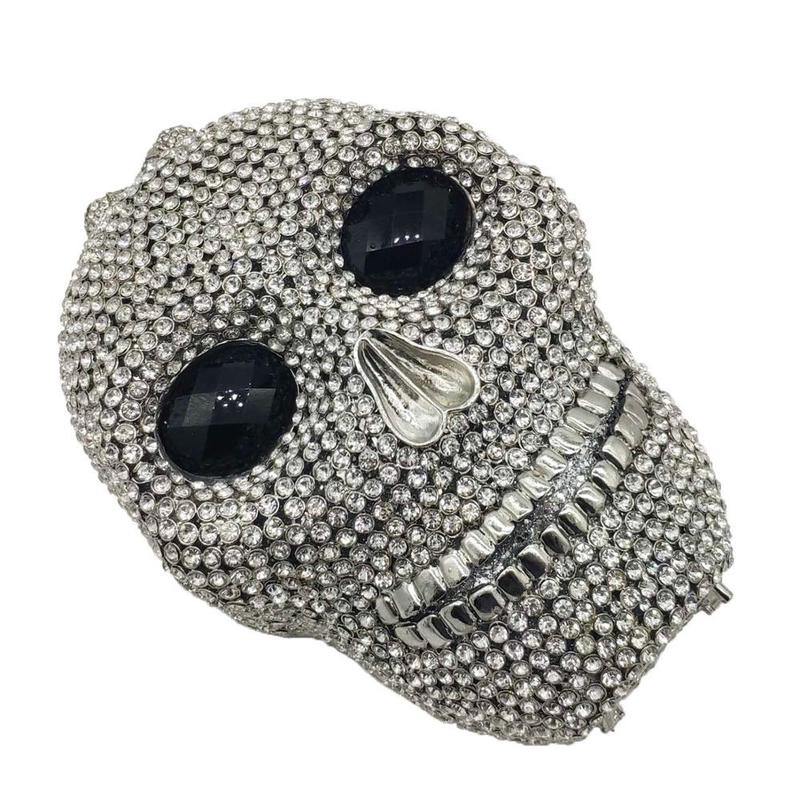 Boutique De FGG Halloween Novelty Funny Skull Clutch Women Silver Evening Bags Party Cocktail Crystal Purses and Handbags 220211