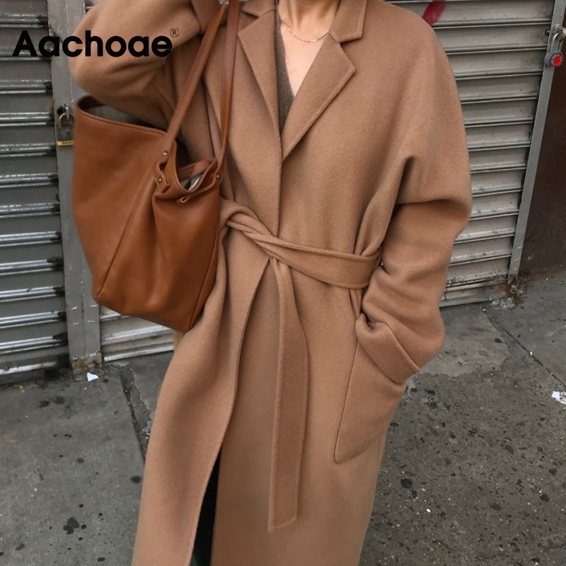 Aachoae Lady Solid Long Wool Coat Batwing Long Sleeve Elegant Office Jacket Female Turn Down Collar Casual Coat Women 201222