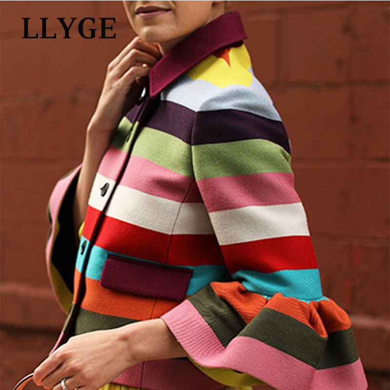 Autumn Rainbow Strip Jacket Coat Women Printed Single-breasted Flare Sleeve Jackets Women Winter Fashion Elegant Lady Coats 201017