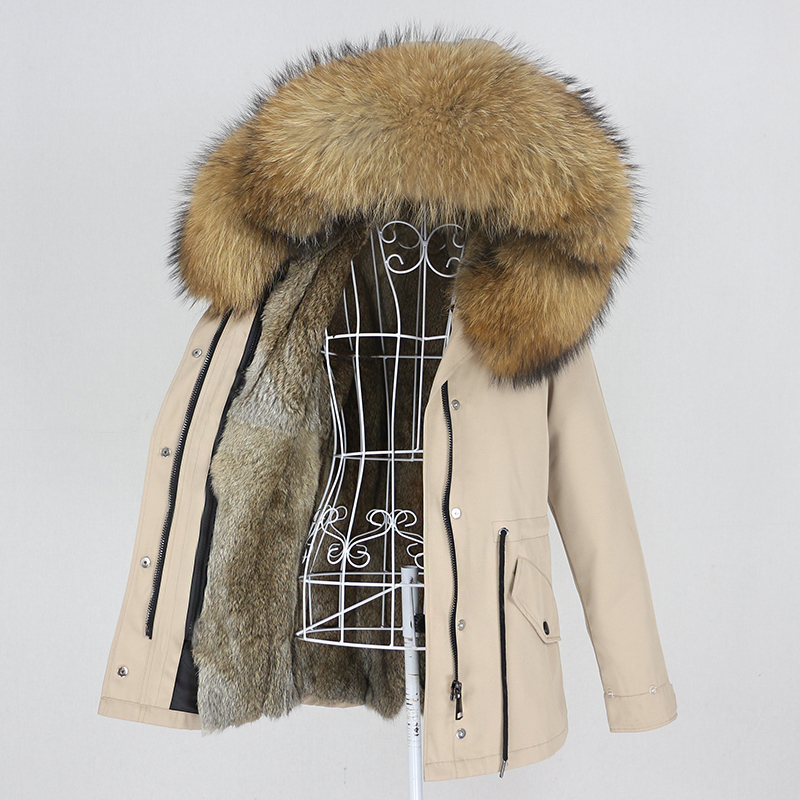 OFTBUY Short Waterproof Parka Real Rabbit Fur Coat Natural Fox Raccoon Big Fur Collar Hood Winter Jacket Women Removable 201103