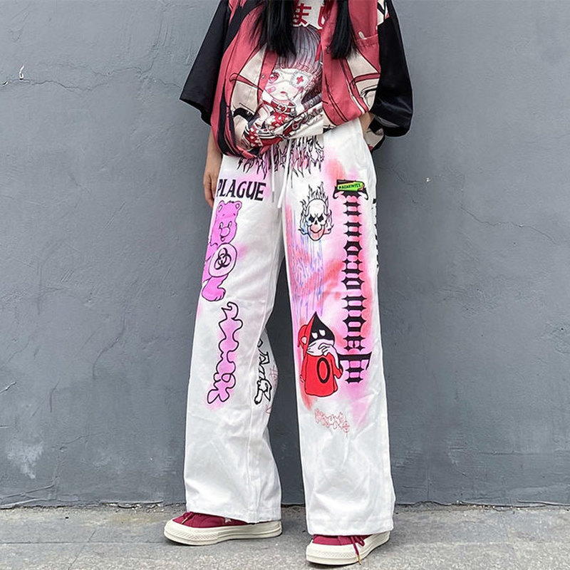 HOUZHOU Punk Oversized Anime Pants Women Aesthetic Wide Leg Pants Hip Hop Streetwear Fashion Print Loose Palazzo Pants 201109