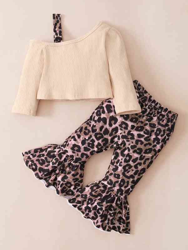 Baby Asymmetrical Neck Ribbed Knit Top & Leopard Flare Leg Pants SHE