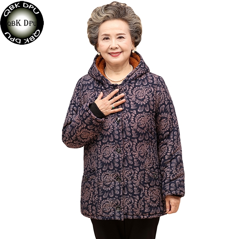Casual Prints Long Sleeve Hooded Jackets For Elderly Women Winter Warm Cotton Padded Coats Plue Size Ladies Outerwear Parkas 201017