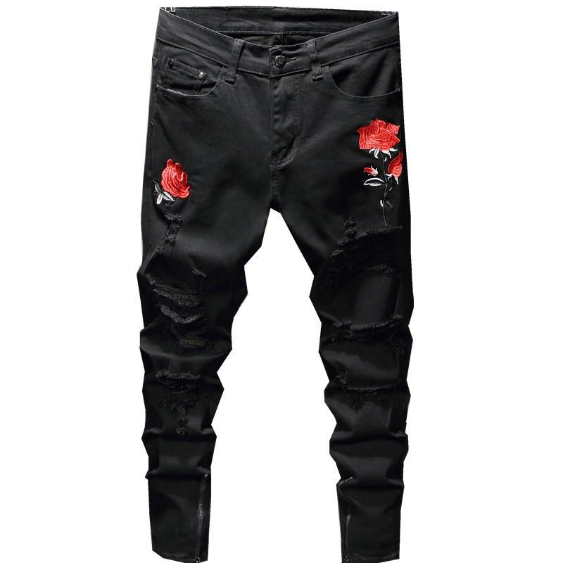 Mens Rose Embroidery Ripped Jeans Destroyed Patchwork Punk Hip Hop Fashion Stretch Cotton Skinny Denim Pants dropshipping, Black
Mens Rose Embroidery Ripped Jeans Destroyed Patchwork Punk Hip Hop Fashion Stretch Cotton Skinny Denim Pants dropshipping, Black