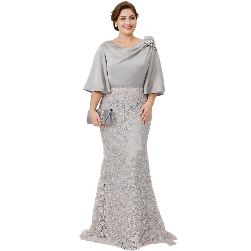Elegant Silver Silk Satin Lace Mother's Dresses Plus Size Mother Of The Bride Dresses Flare Sleeve Long Mermaid Wedding Guest Gowns Evening Party