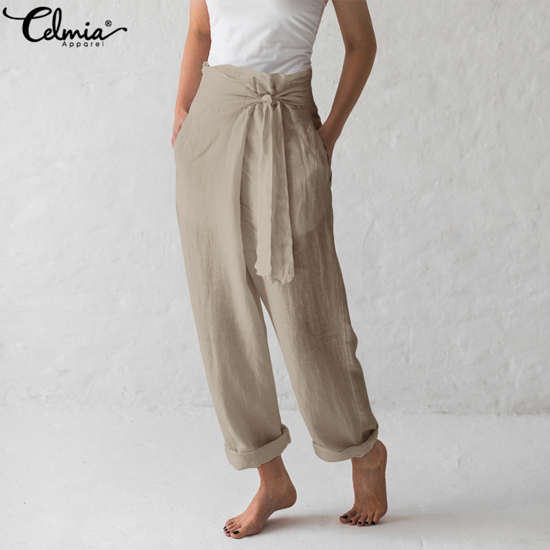 Celmia 2019 Women Bottoms Vintage Linen Wide Leg Pants Casual Female Harem Trousers Loose Long Pantalone Palazzo Feminino S-5XL T200319