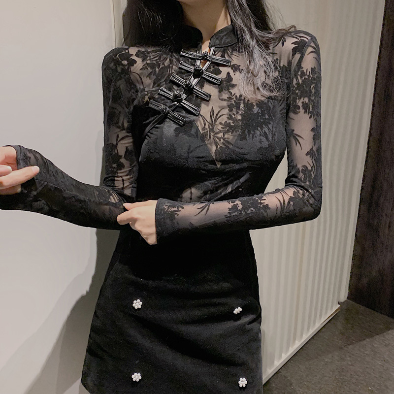 Korean New Style Chic Vintage Perspective Lace Blouse Slim Fit Cheongsam Embroidered Fashion 201126
