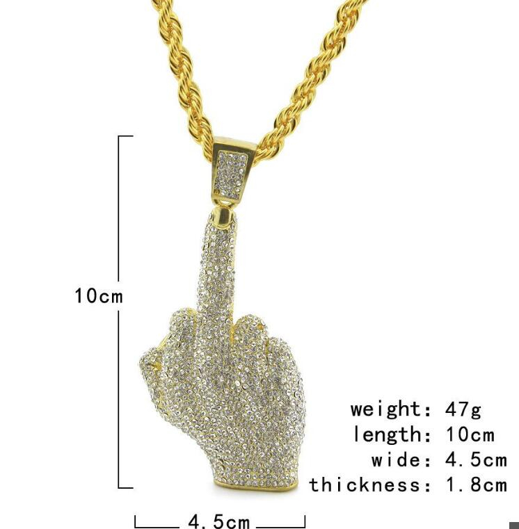 Middle Finger Diamond Necklace Street Wind Heavy Drill Full Diamond Alloy Big Finger Pendant Vertical Middle Finger Hip Hop Necklace jewelry