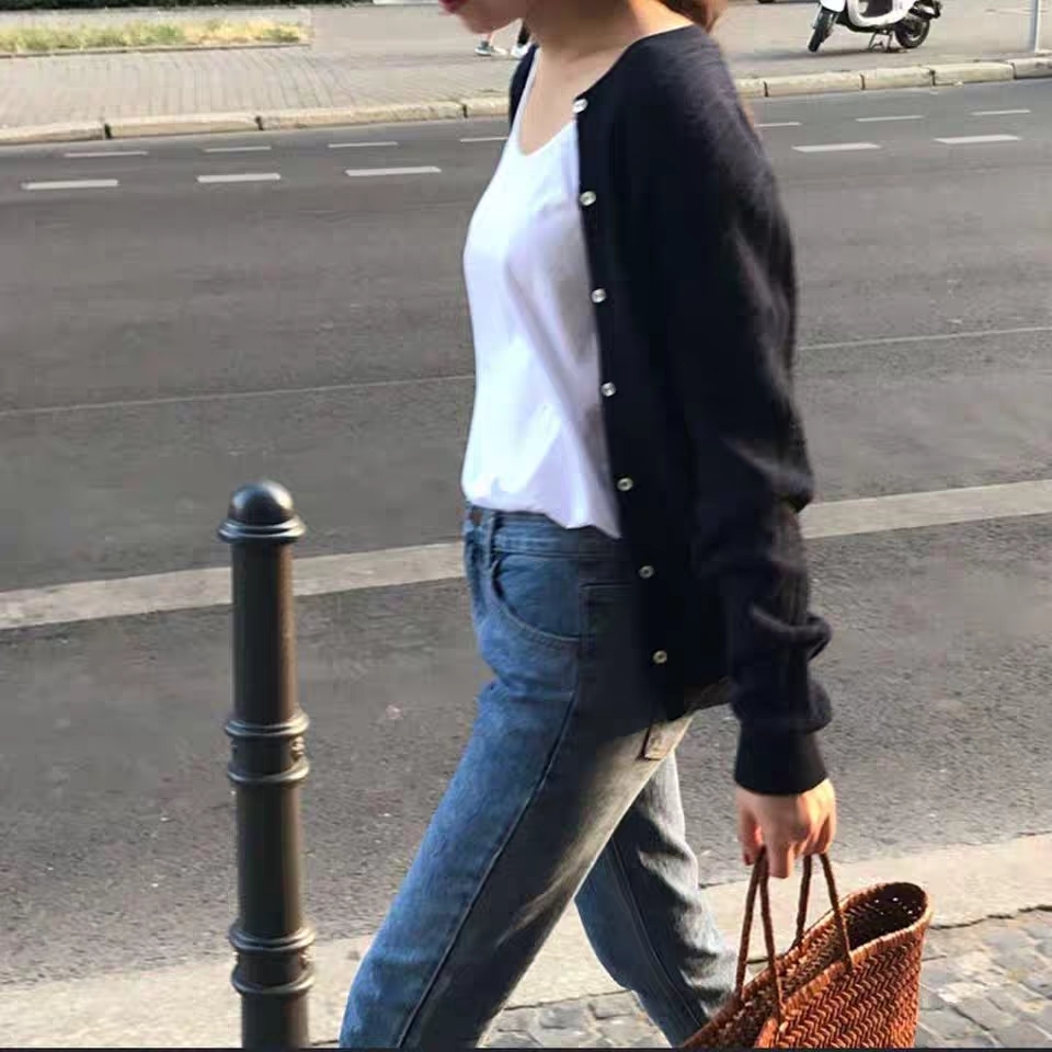 BELIARST Spring and Autumn New Ice Silk Cardigan Women's Round Neck Sweater Loose Hollow Knit Bottom Coat Sweater 201029