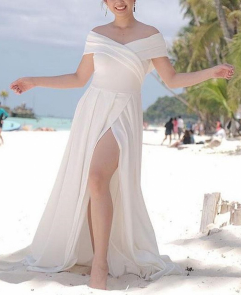 A-Line Dark Red White Long Prom Evening Dress Off Shoulder Short Sleeve Slit Formal Party Gown New Robes De Soirée Vestidos Longo 2022