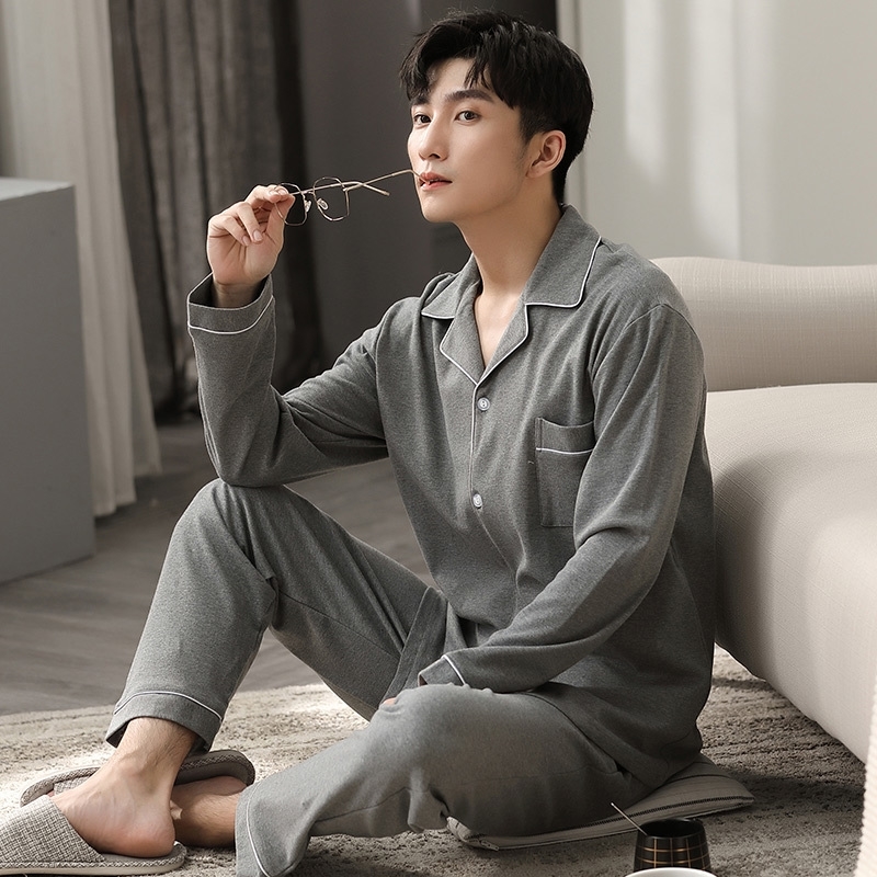 Winter 100% Cotton Pajamas for Men Full Sleeves Pijama Hombre Invierno Sleepwear Male 2PCS Cotton PJ Solid Gray Pyjama Homme 201109