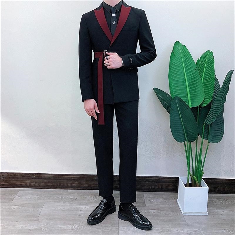 Modern Color Matching Men Suits 2- Piece Solid Formal Men Suit Peak Lapel Groom Wedding One Button Handsome Suits For Men