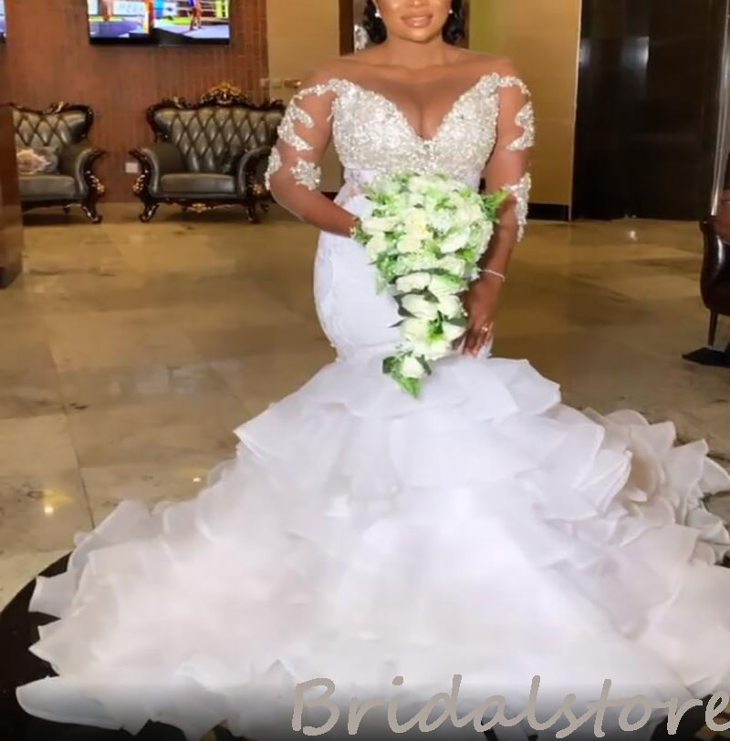 Aso Ebi Mermaid Plus Size Wedding Dress 2022 With Rhinestone Crystal Long Sleeve Garden Country Wedding Gowns Bottom Organza Ruffles Elegant Church Ni