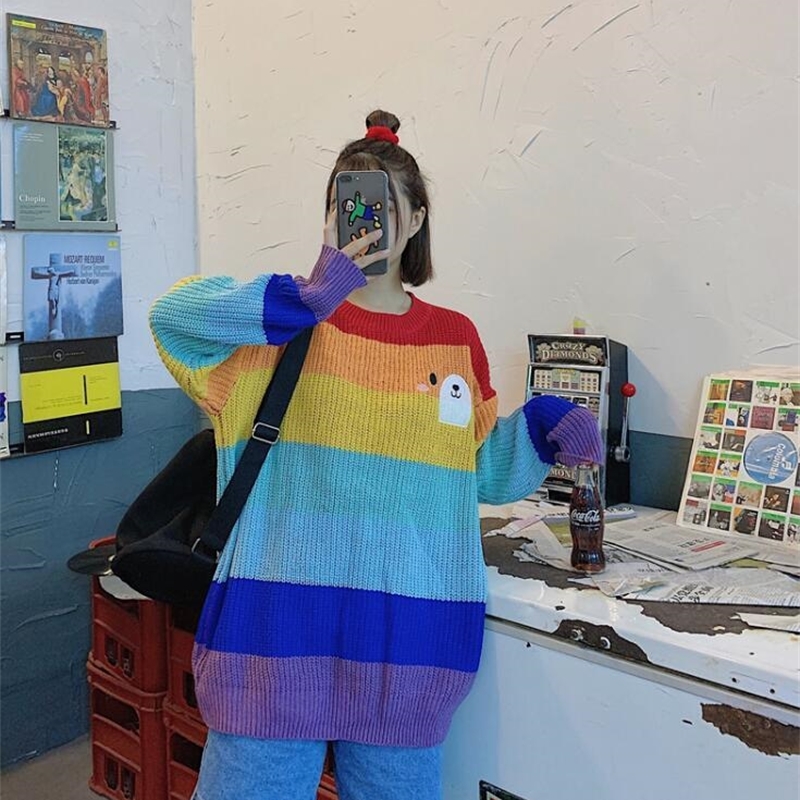New cute bear expression embroidery vitality rainbow striped round neck knitted sweater 201130, Multi
New cute bear expression embroidery vitality rainbow striped round neck knitted sweater 201130, Multi