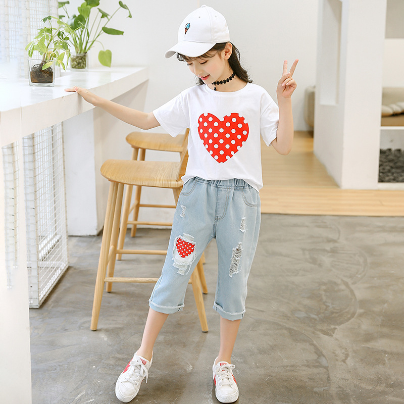 Kids Summer Clothes Set for Girl White T Shirt And Ripped Jeans Children Outfits 6 8 10 12 Years Girls Clothing SuitsX1019
