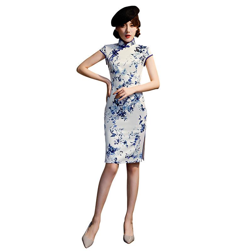 Slim Chinese Style Dress Vintage Oriental Ladies Knee Length Qipao Classic Stage Show Elegant Female Printed Cheongsam M-XXXL