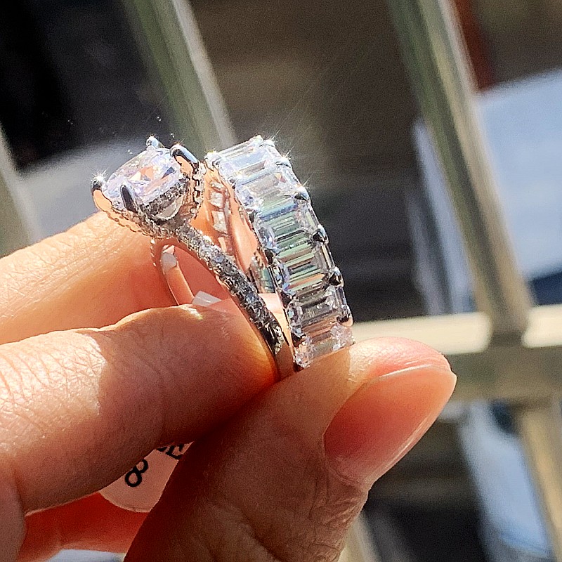 Size 5-10 Couple Rings Luxury Jewelry 925 Sterling Silver Emerald Cut White Topaz CZ Diamond Eternity Women Wedding Bridal Ring Set Gift