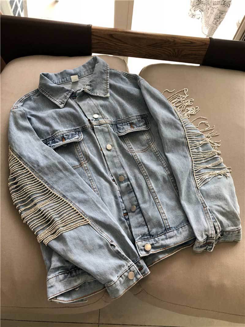 Boho inspired denim jacket women fashion coasts bling rhinestone chaines long sleeves blue vintage loose jacket women new 201017