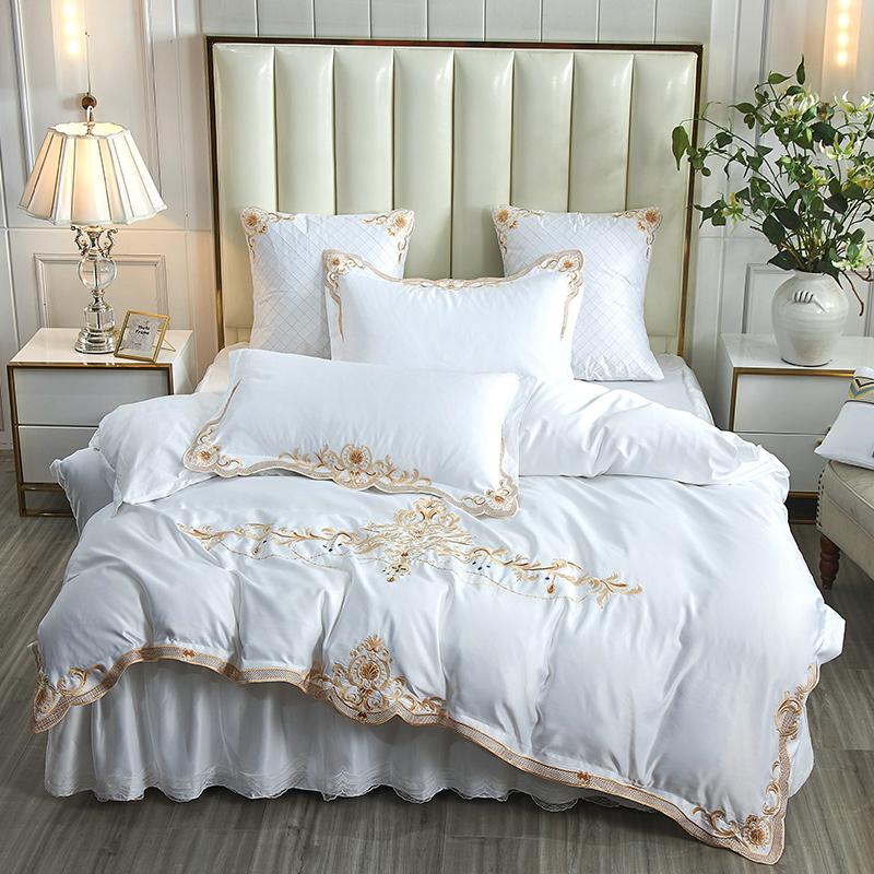 Luxury White Satin Silk Cotton Gold Embroidery Bedding Set Bedskirt Textile Pillowcase Home Lace Double Cover Set BedLinen Duvet
Luxury White Satin Silk Cotton Gold Embroidery Bedding Set Bedskirt Textile Pillowcase Home Lace Double Cover Set BedLinen Duvet