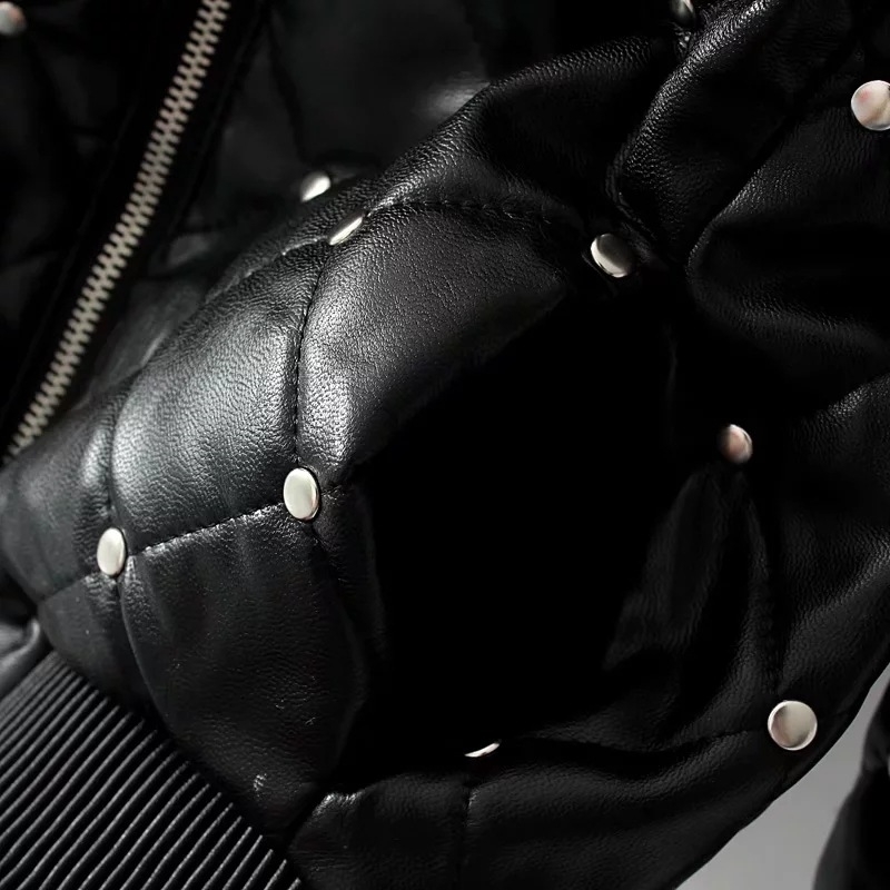 Autumn Winter Women Thicke Cotton Pu Leather Coat Street Black Short Outerwear Rivets Faux Soft Leather Jacket 201030
