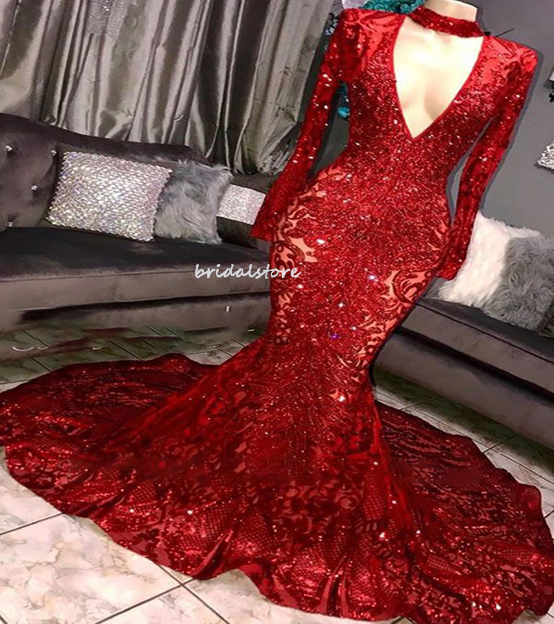Glitter Red Sequin Mermaid Prom Dresses 2022 For Black Girls V Neck Long Sleeve Plus Size Evening Dress African Nigerian Formal Party Gowns Real Image
