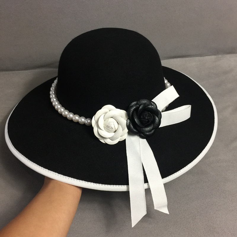 Formal Wide Brim White Black Flower Fedora Hat Pearls Band 100% Wool Felt Floppy Ladies Wedding Church Hat Porkpie Trilby Hat 201102